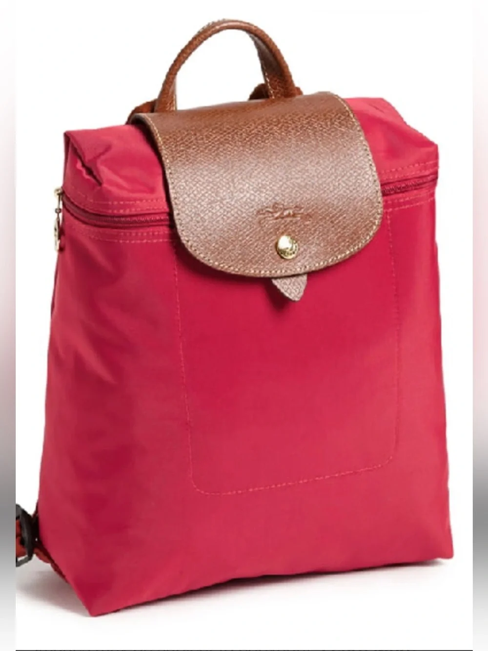 Longchamp Le Pliage Red Women's Nylon Backpack with Brown Leather Flap